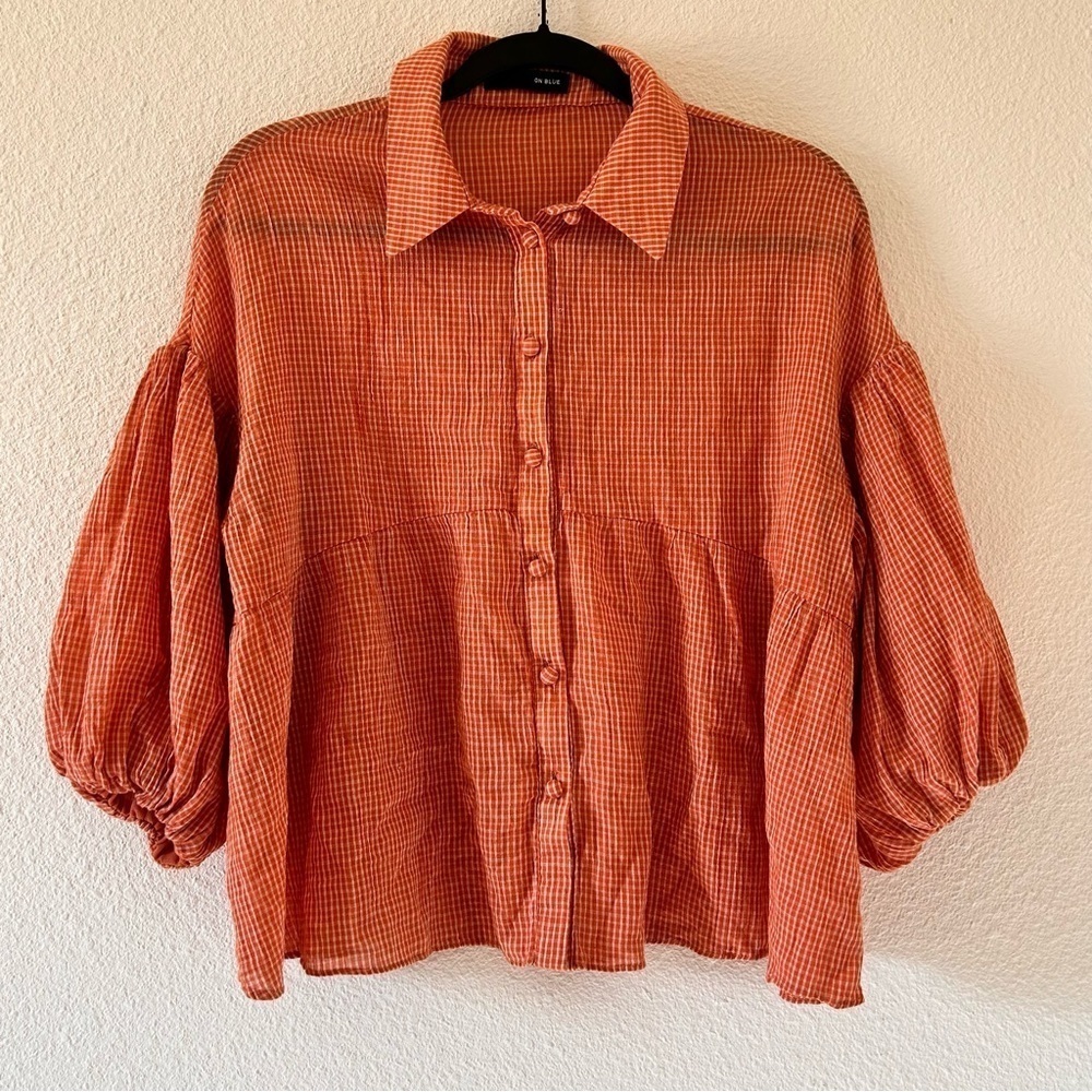 ON BLUE Women Small Boho Bell Sleeve Button Up Cottage Core Oversized Gingham